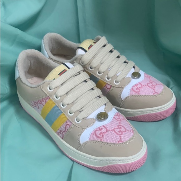 Gucci Beige Sneakers with Pink and Yellow Details - Picture 1 of 5